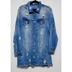 Spoon Jeans Distressed Longline Denim Jacket‎ Large Boho Grunge Y2K Streetwear